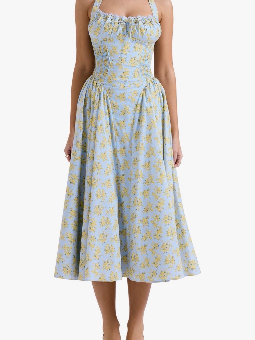 House of CB Light Blue Halter Floral Midi Dress with Yellow Print